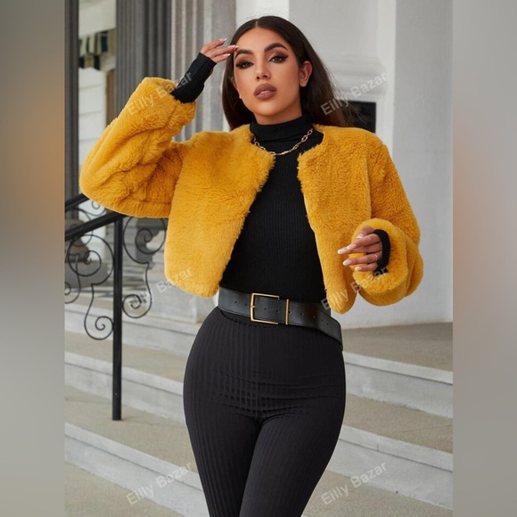 eilly bazar Sweaters - Eilly Bazar Mustard Yellow Solid Fuzzy Cropped Coat Women’s Size Large